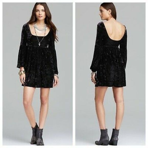 Free People Dresses & Skirts - Free People Oh So Easy Crushed Velvet Black Mini Dress Size L